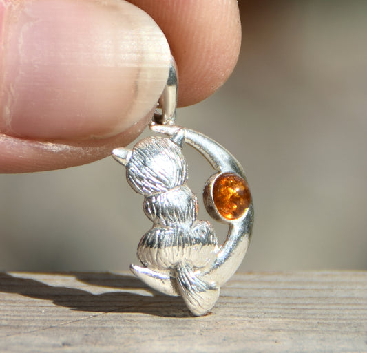 Delicate sterling silver and cognac Baltic amber cat on the moon pendant, MJ Baltica, BW151
