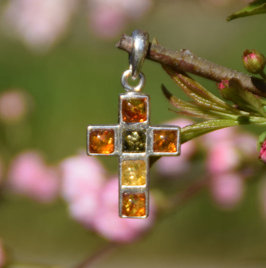 MJ Baltica, ciondolo, Ambra naturale Baltica, Argento 925, croce, artigianale, unisex, BW158