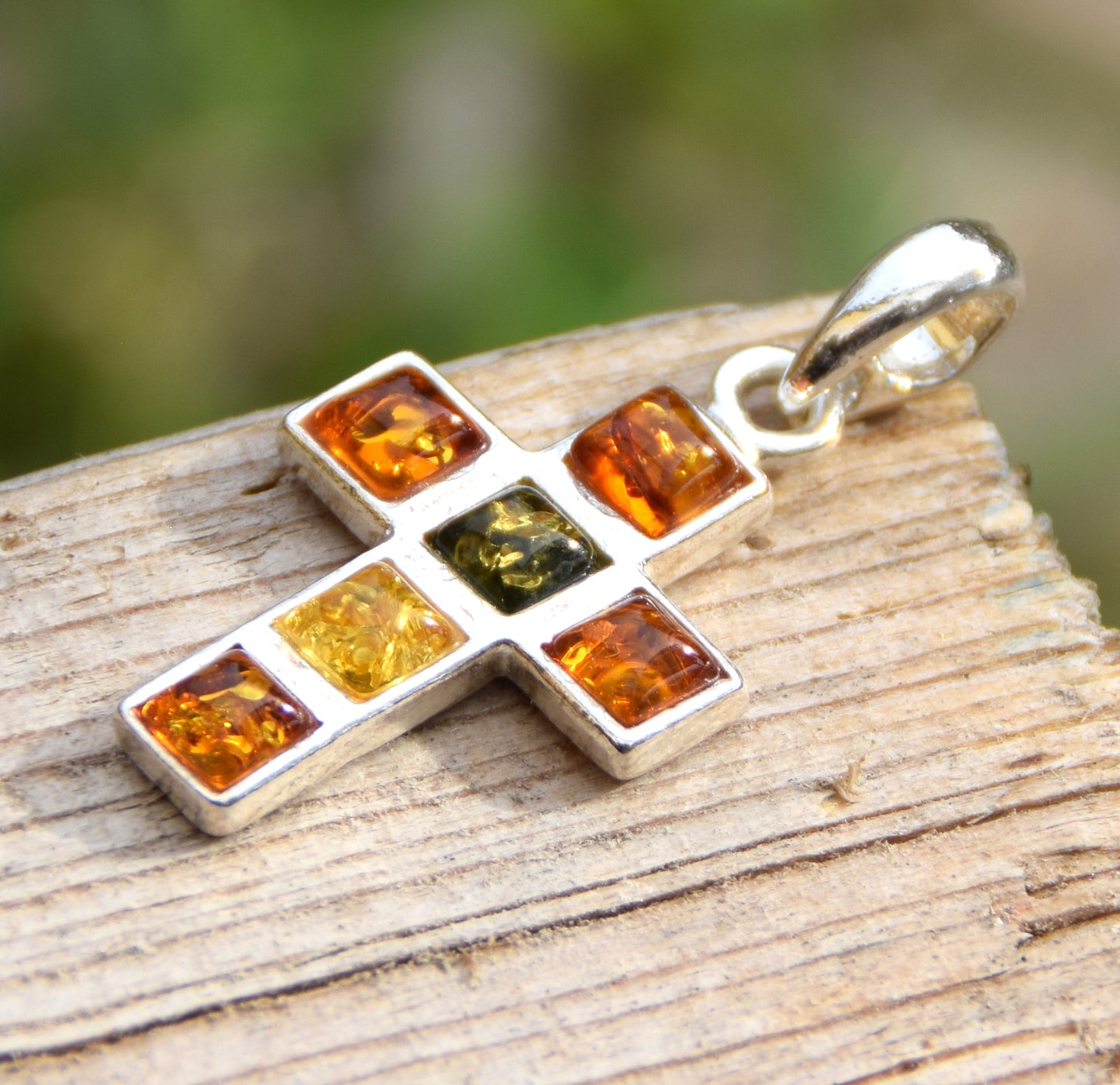 Geometric cross pendant in natural Amber of various shades and 925 Sterling Silver, MJ Baltica, BW158