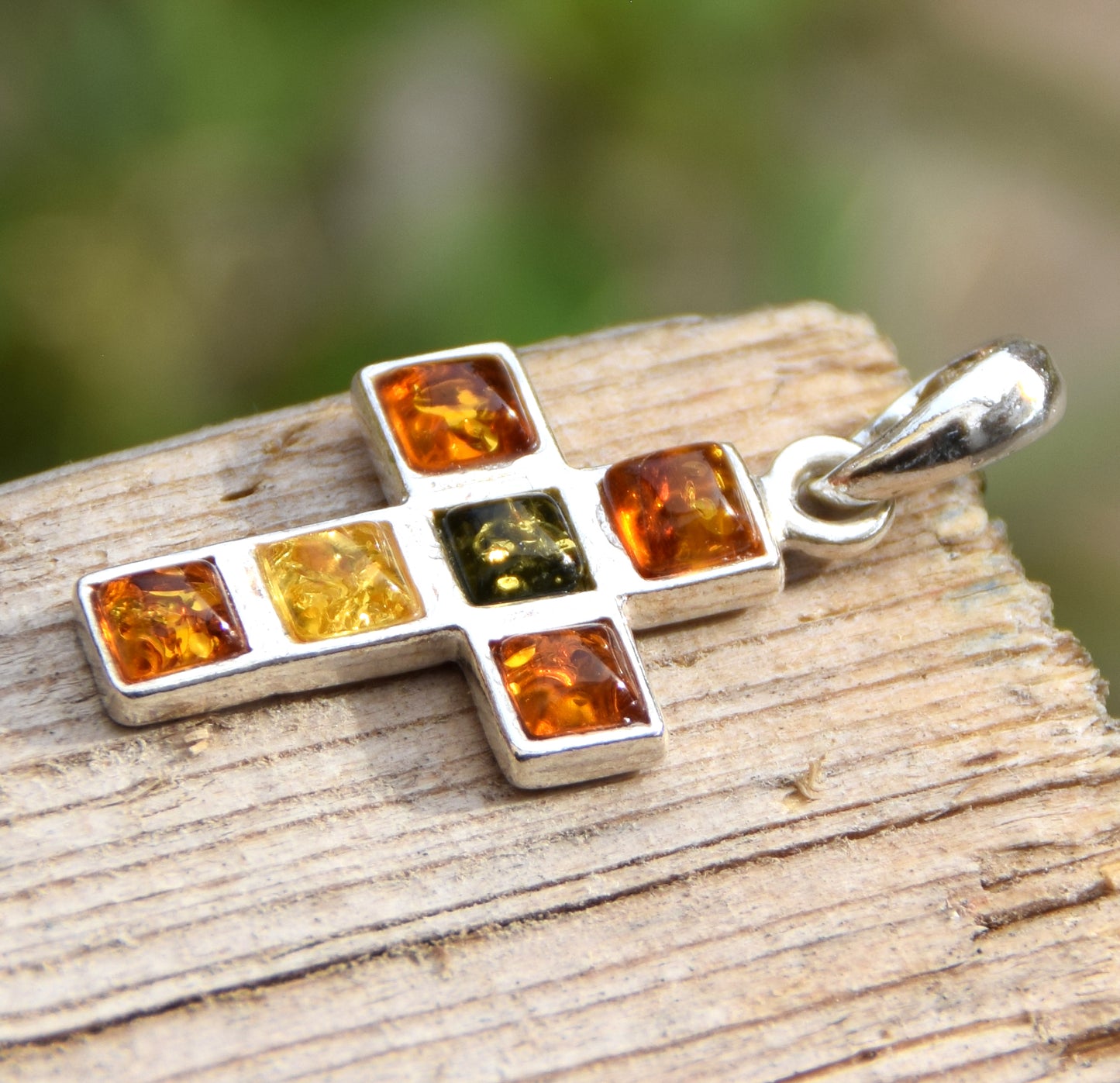 Geometric cross pendant in natural Amber of various shades and 925 Sterling Silver, MJ Baltica, BW158
