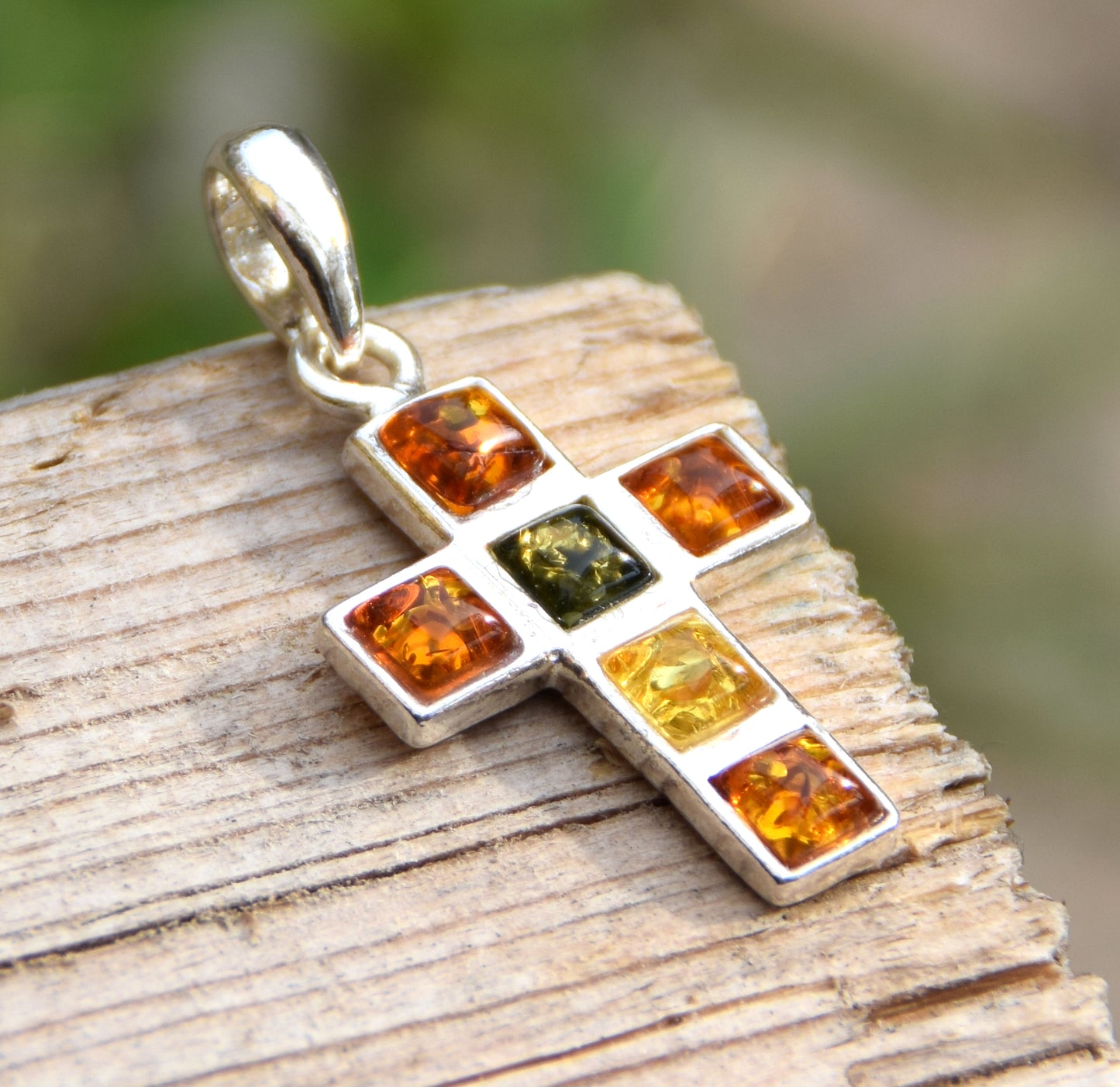 Geometric cross pendant in natural Amber of various shades and 925 Sterling Silver, MJ Baltica, BW158