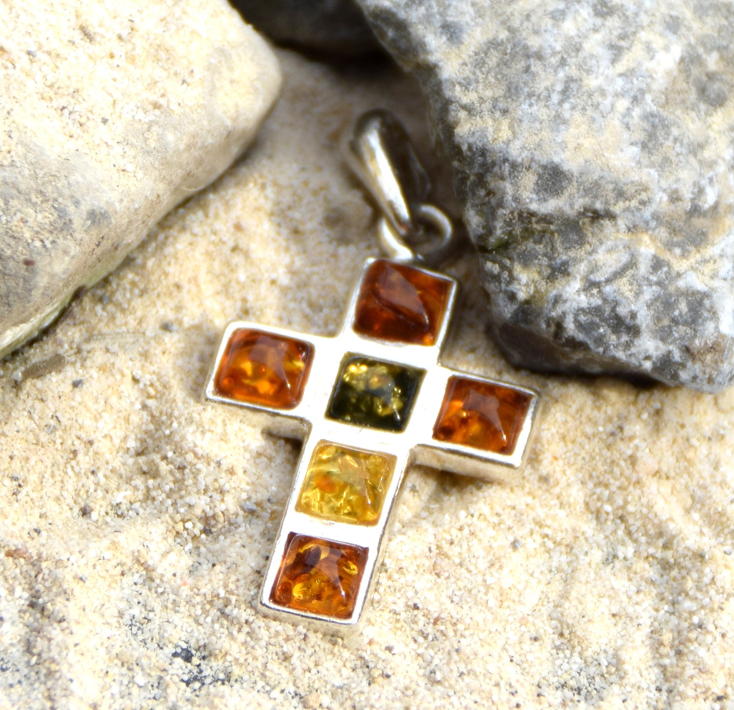 Geometric cross pendant in natural Amber of various shades and 925 Sterling Silver, MJ Baltica, BW158
