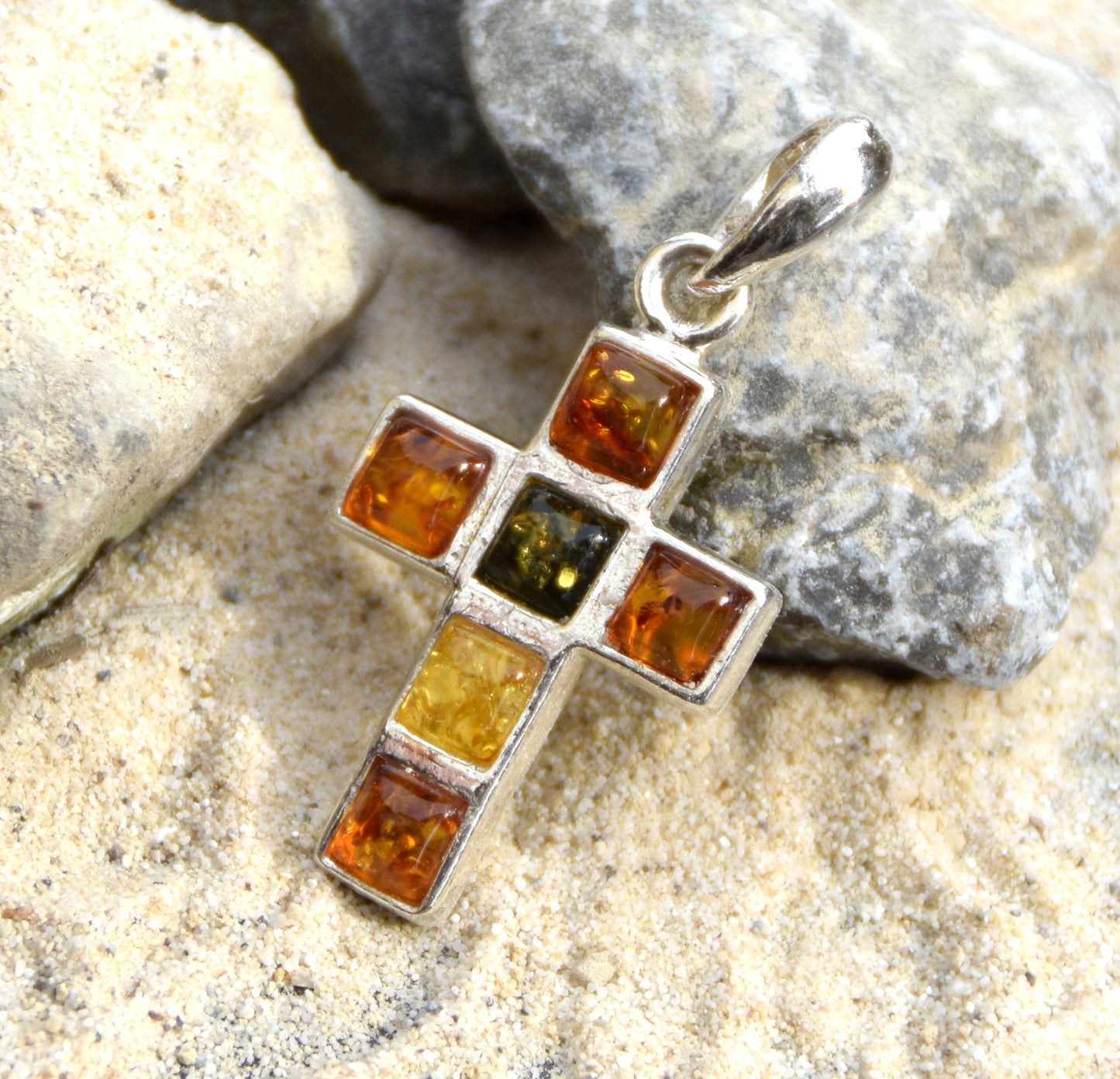 Geometric cross pendant in natural Amber of various shades and 925 Sterling Silver, MJ Baltica, BW158