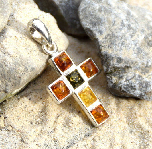 Geometric cross pendant in natural Amber of various shades and 925 Sterling Silver, MJ Baltica, BW158