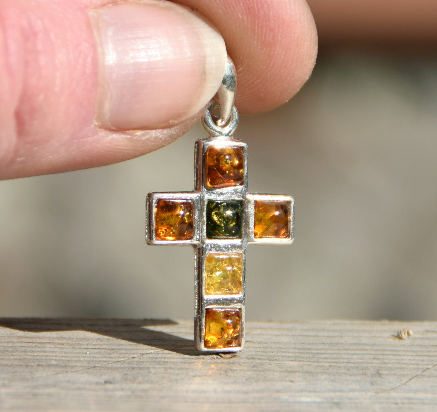 Geometric cross pendant in natural Amber of various shades and 925 Sterling Silver, MJ Baltica, BW158