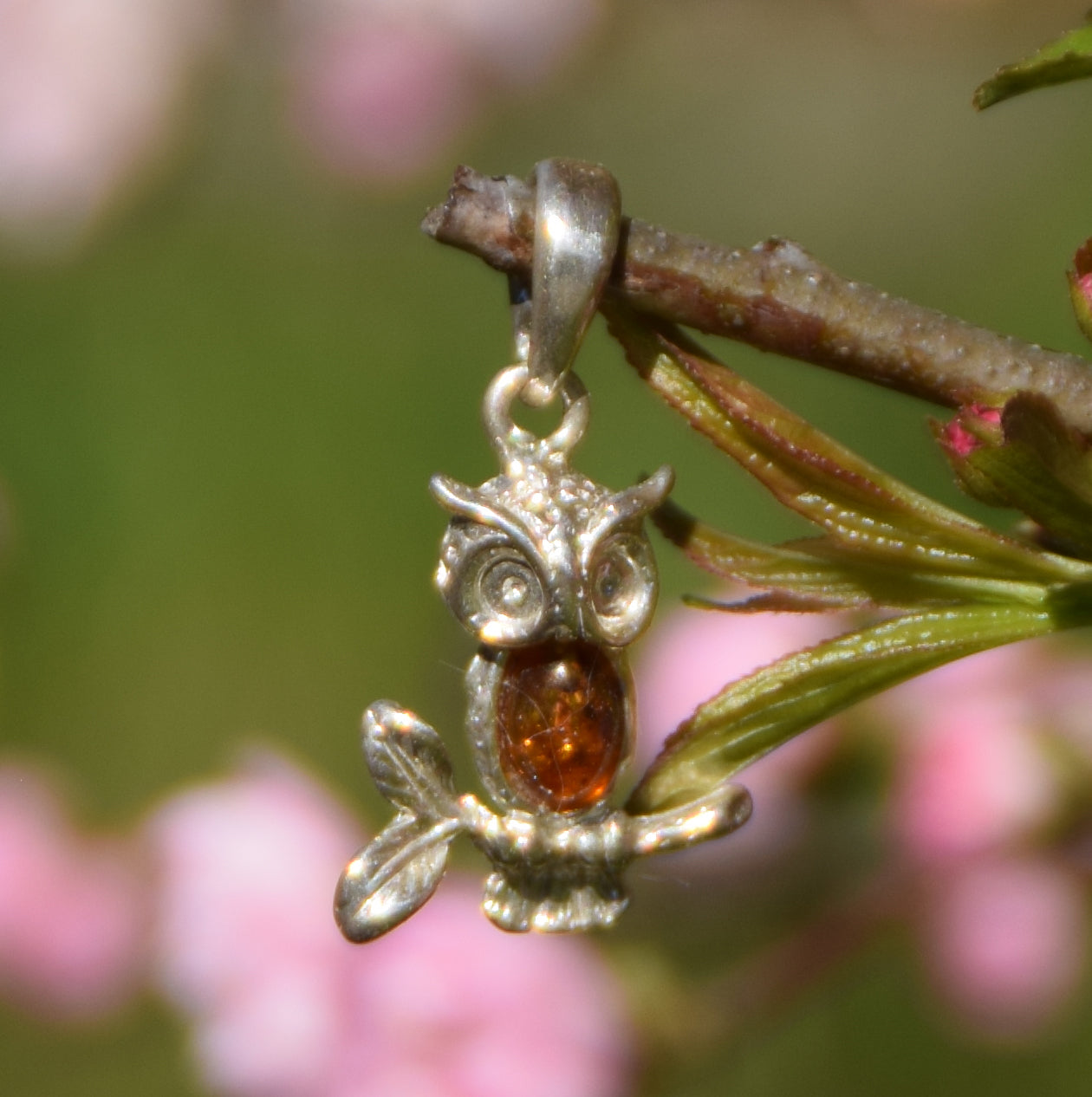 MJ Baltica, ciondolo, Ambra naturale Baltica, Argento 925, gufo, artigianale, delicato, BW159