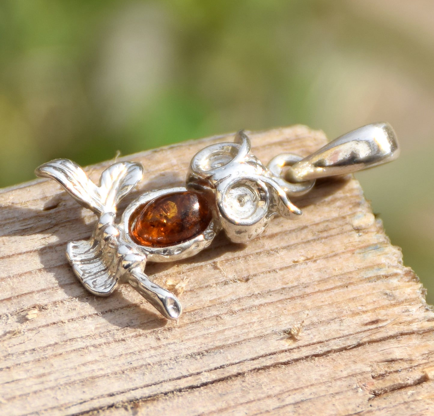 Delicate good luck owl pendant in cognac-colored natural amber and 925 sterling silver, MJ Baltica, BW159