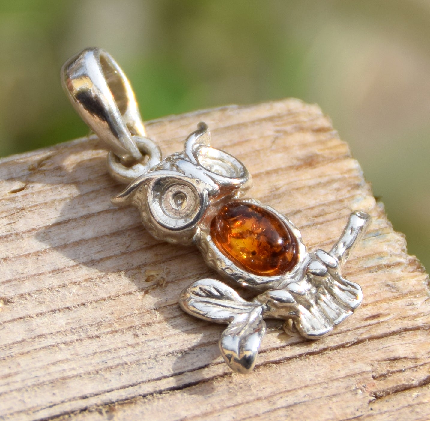 Delicate good luck owl pendant in cognac-colored natural amber and 925 sterling silver, MJ Baltica, BW159