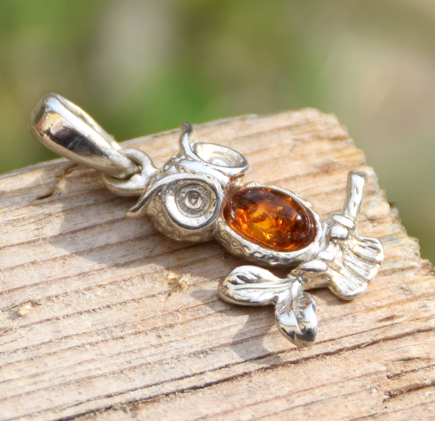 Delicate good luck owl pendant in cognac-colored natural amber and 925 sterling silver, MJ Baltica, BW159
