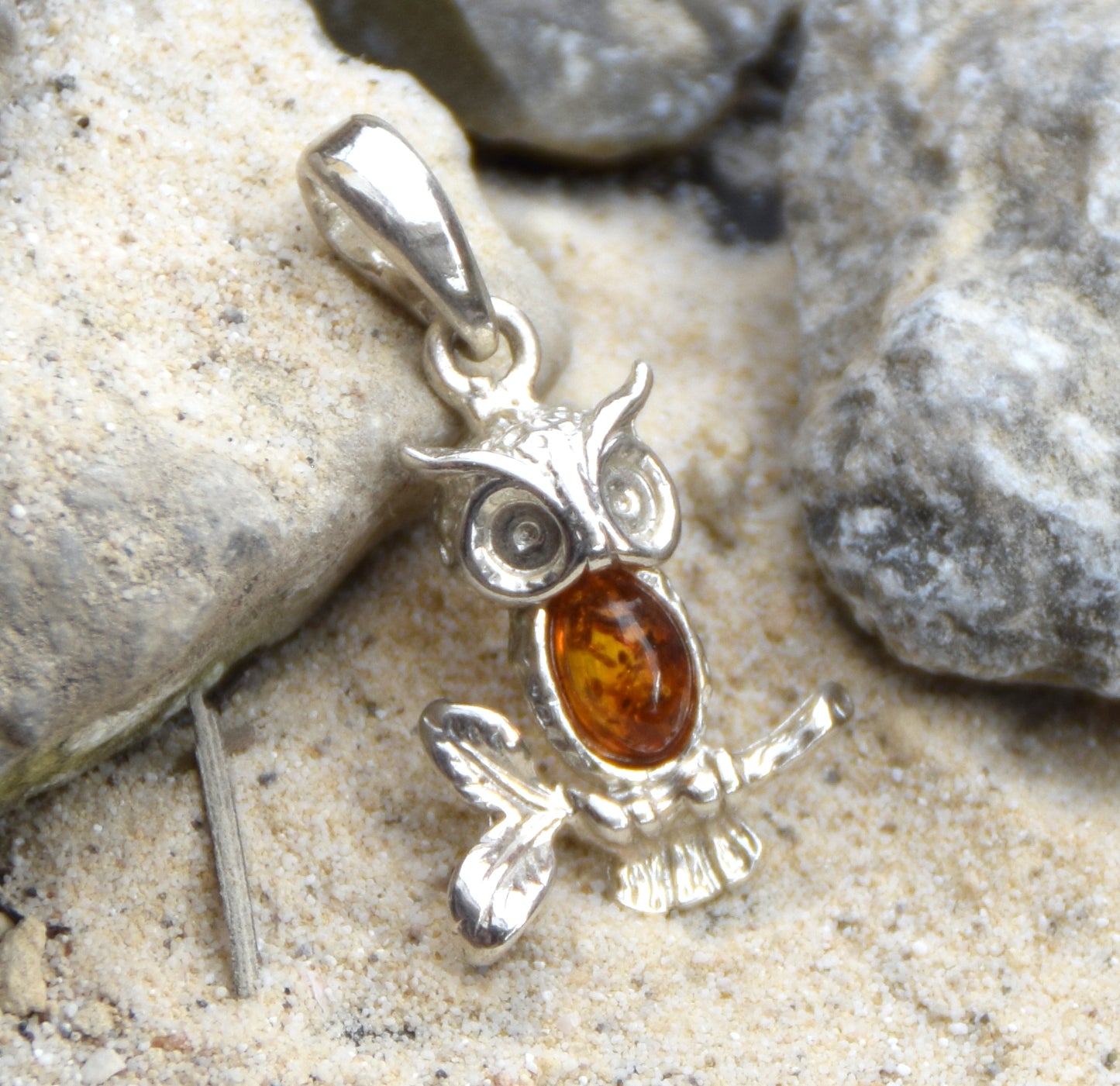 Delicate good luck owl pendant in cognac-colored natural amber and 925 sterling silver, MJ Baltica, BW159