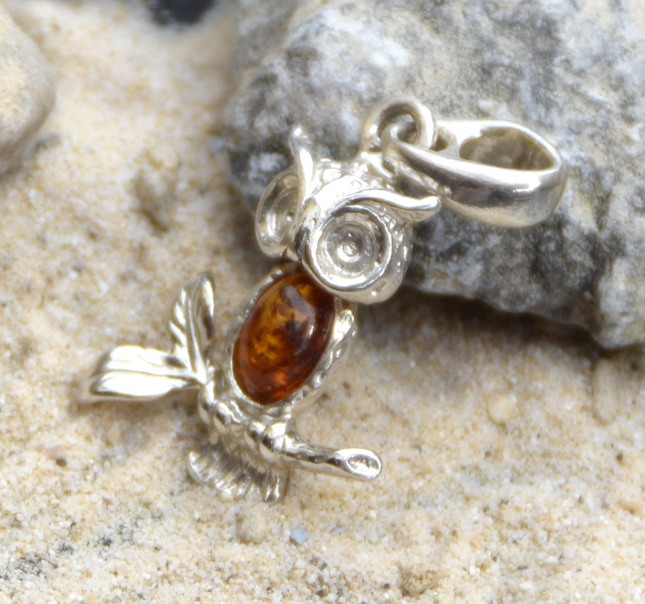 Delicate good luck owl pendant in cognac-colored natural amber and 925 sterling silver, MJ Baltica, BW159