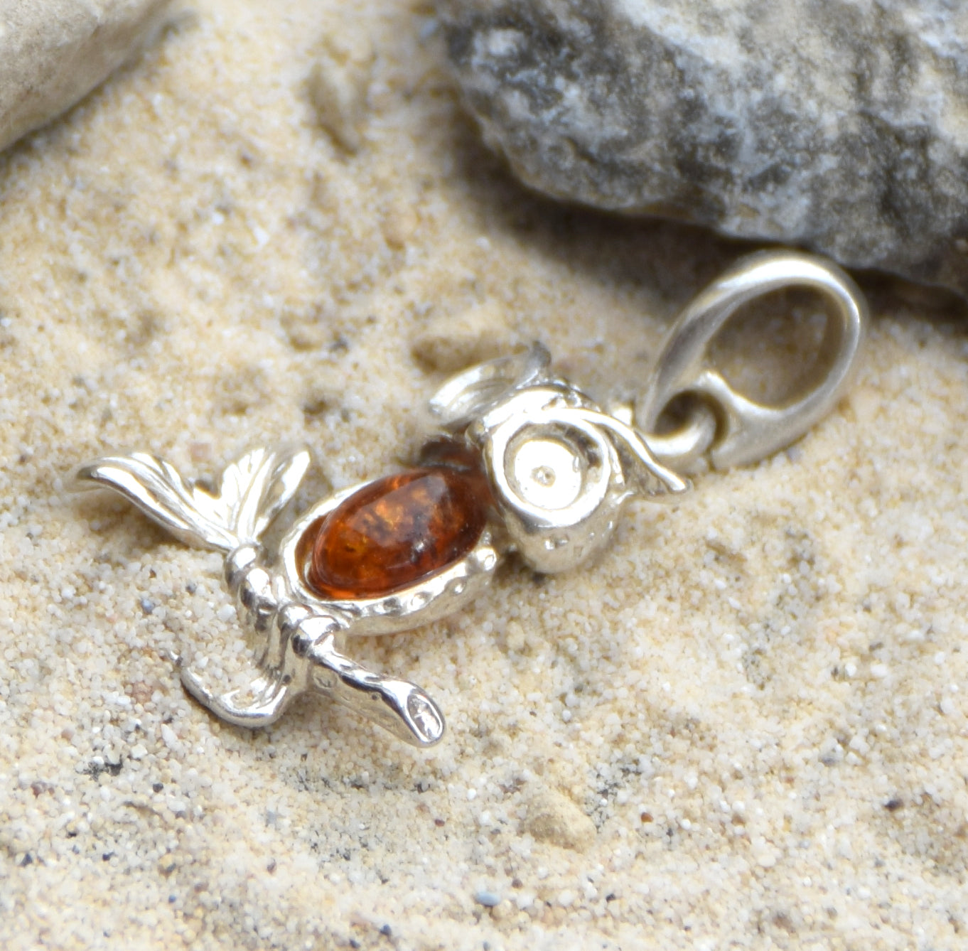 Delicate good luck owl pendant in cognac-colored natural amber and 925 sterling silver, MJ Baltica, BW159