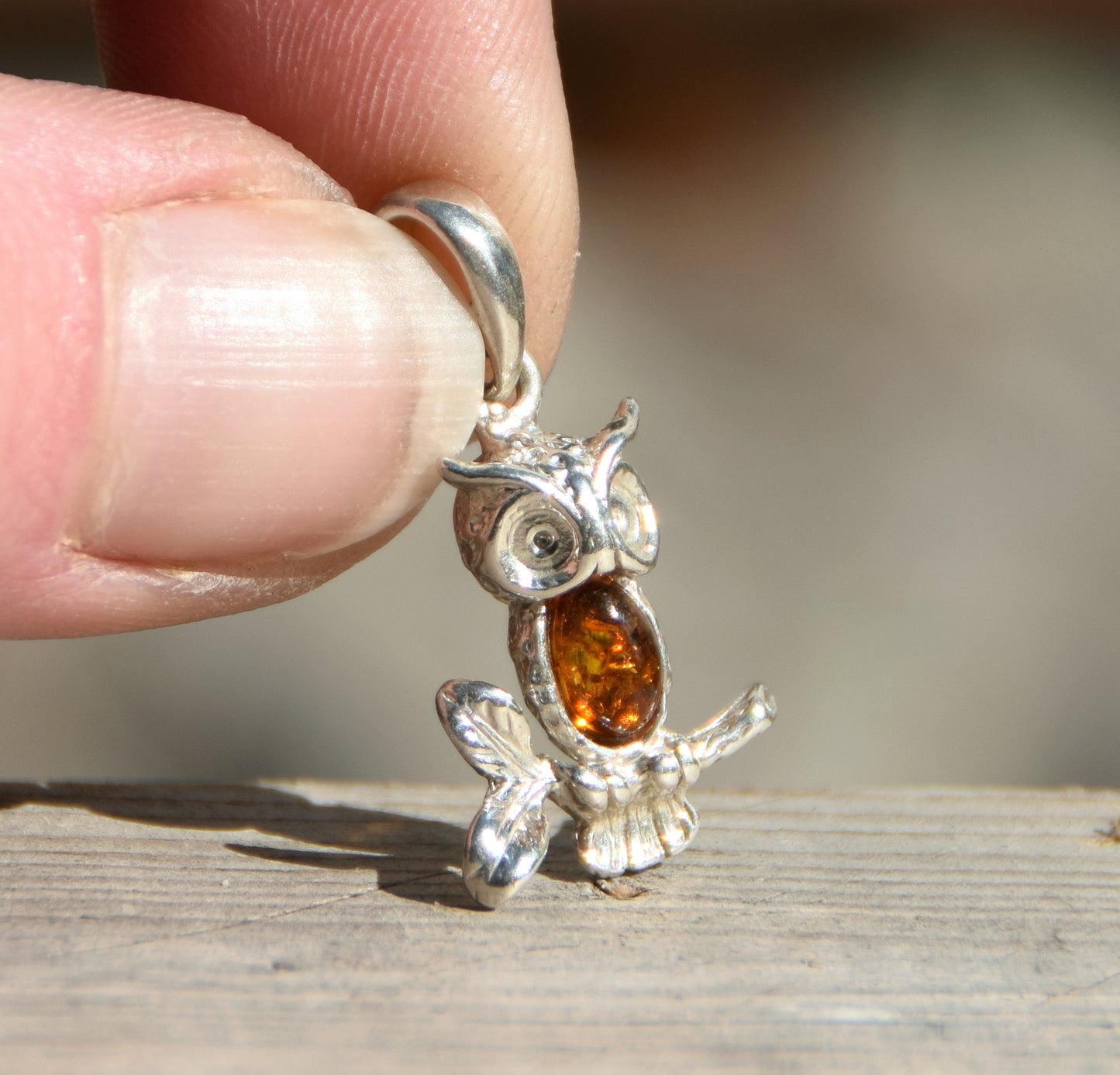 Delicate good luck owl pendant in cognac-colored natural amber and 925 sterling silver, MJ Baltica, BW159