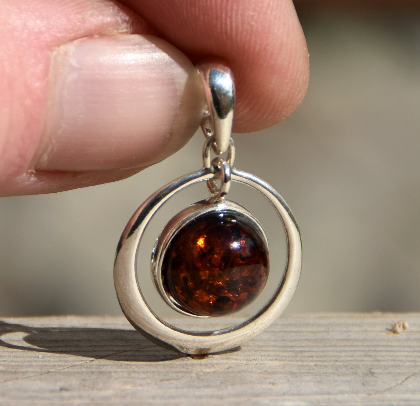 Light circle pendant with round natural brown Amber and 925 Sterling Silver, MJ Baltica, BW162