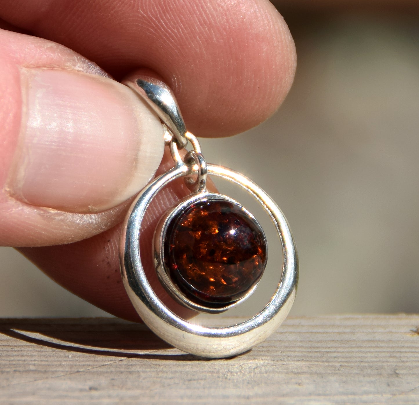 Light circle pendant with round natural brown Amber and 925 Sterling Silver, MJ Baltica, BW162
