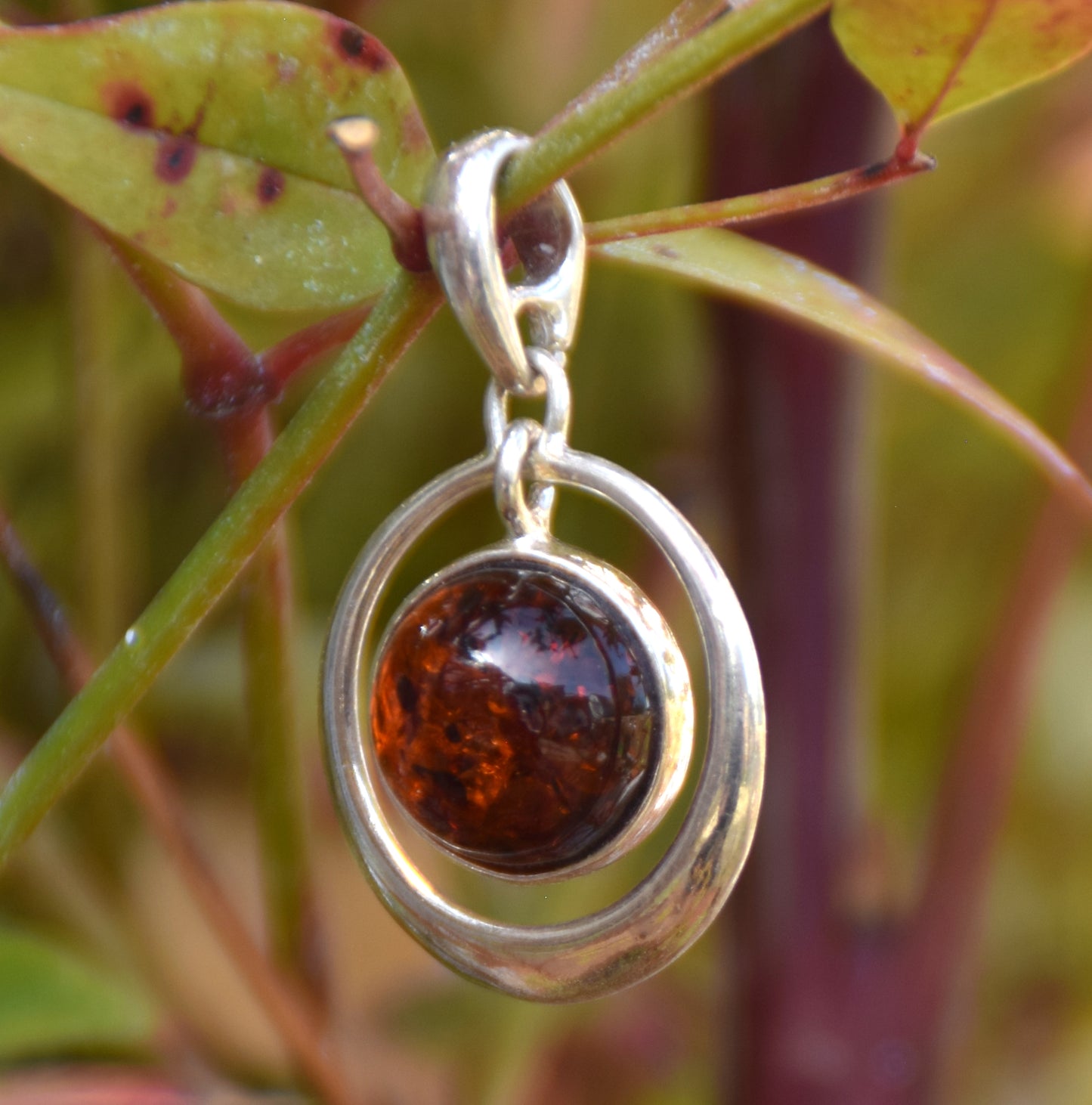 Light circle pendant with round natural brown Amber and 925 Sterling Silver, MJ Baltica, BW162