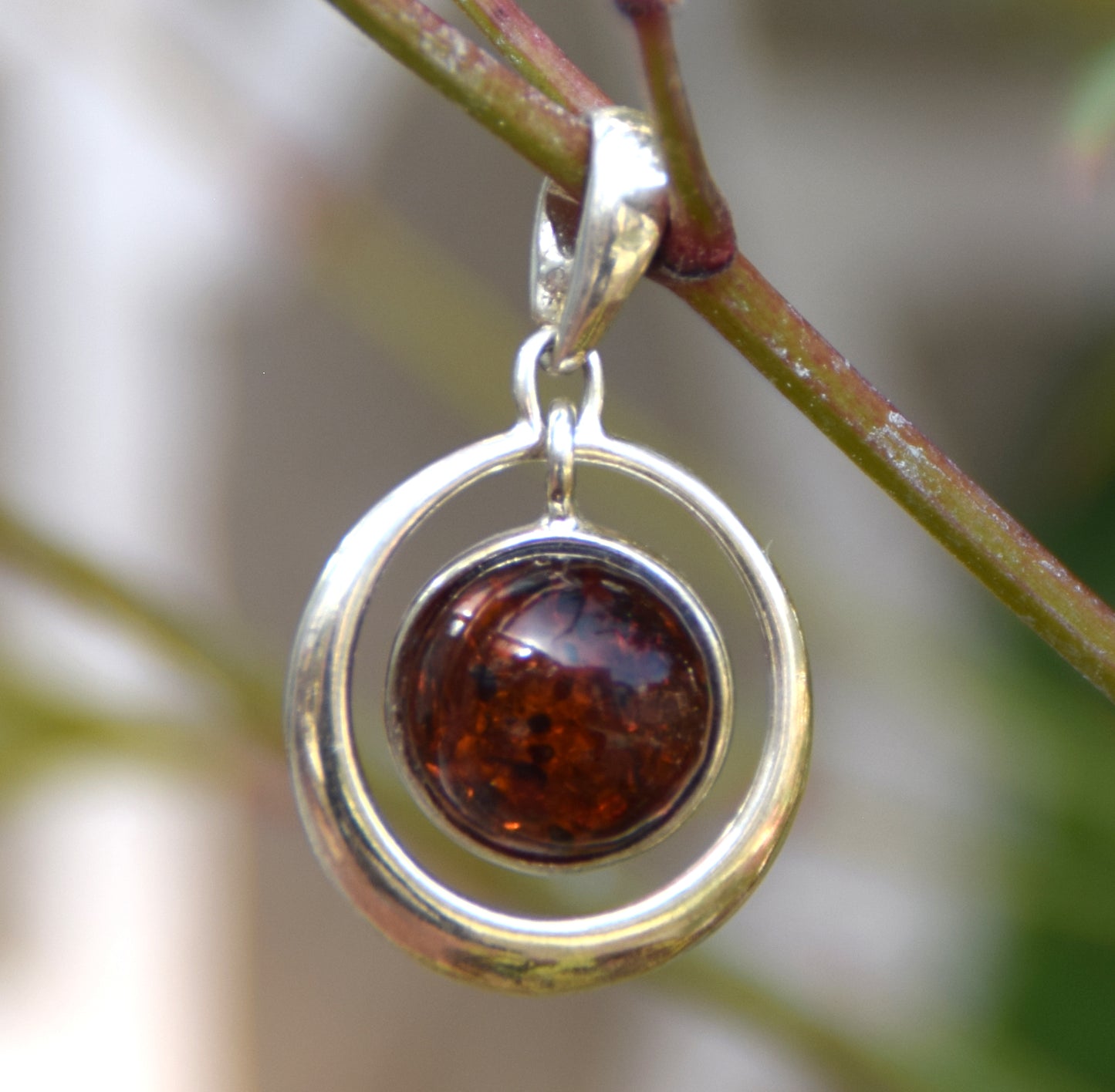 Light circle pendant with round natural brown Amber and 925 Sterling Silver, MJ Baltica, BW162