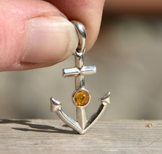 Maritime pendant with cognac-colored natural Amber anchor and 925 Sterling Silver, MJ Baltica, BW163
