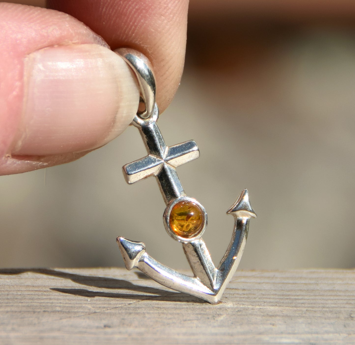 Maritime pendant with cognac-colored natural Amber anchor and 925 Sterling Silver, MJ Baltica, BW163