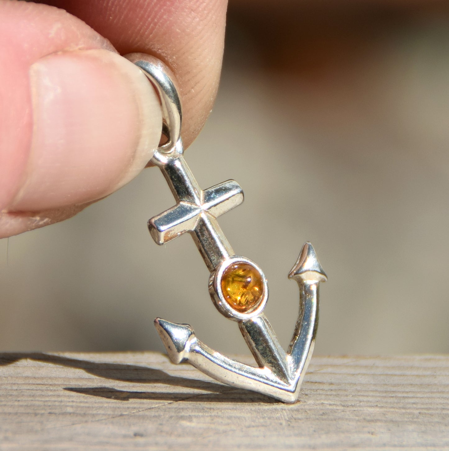 Maritime pendant with cognac-colored natural Amber anchor and 925 Sterling Silver, MJ Baltica, BW163