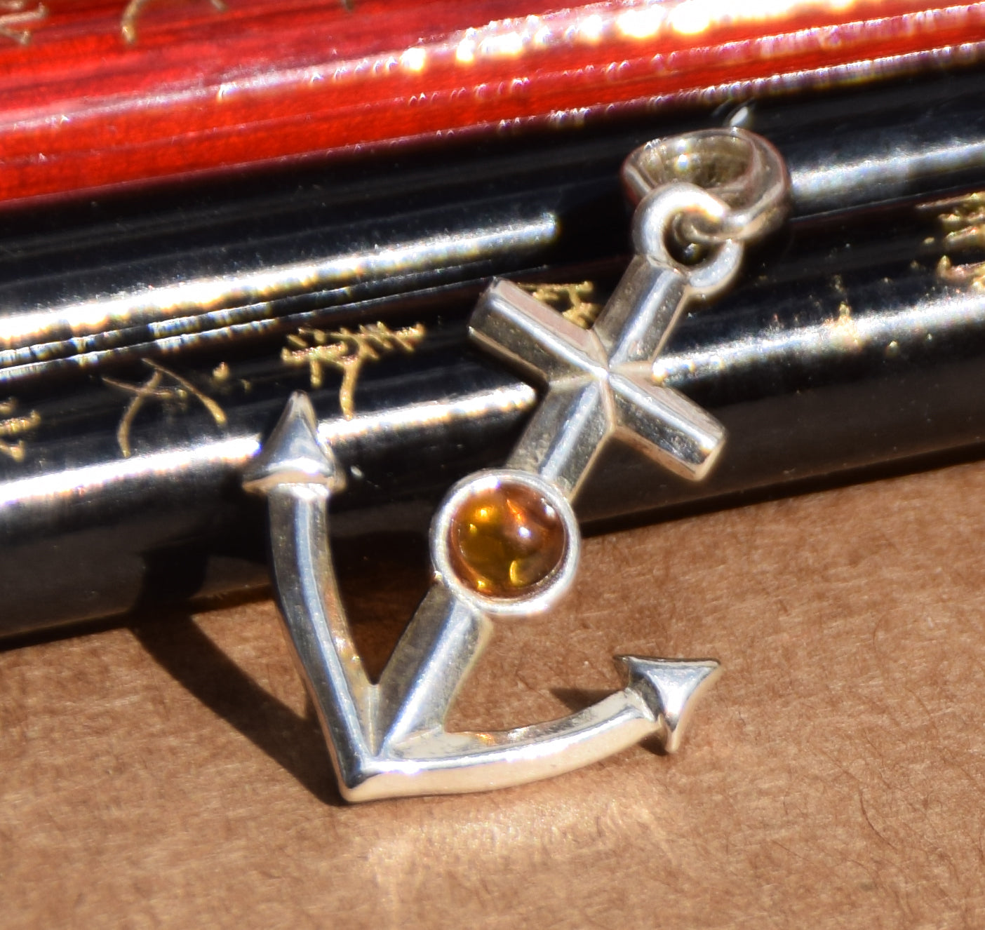 Maritime pendant with cognac-colored natural Amber anchor and 925 Sterling Silver, MJ Baltica, BW163