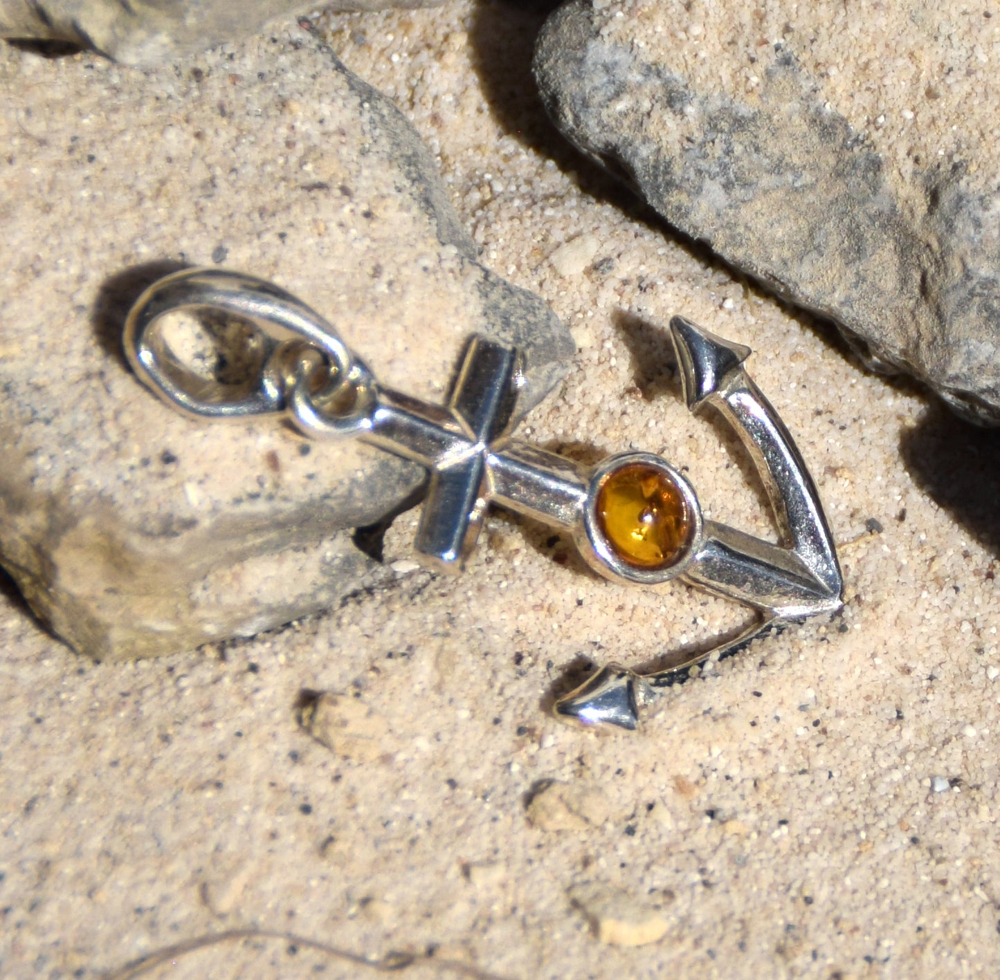 Maritime pendant with cognac-colored natural Amber anchor and 925 Sterling Silver, MJ Baltica, BW163