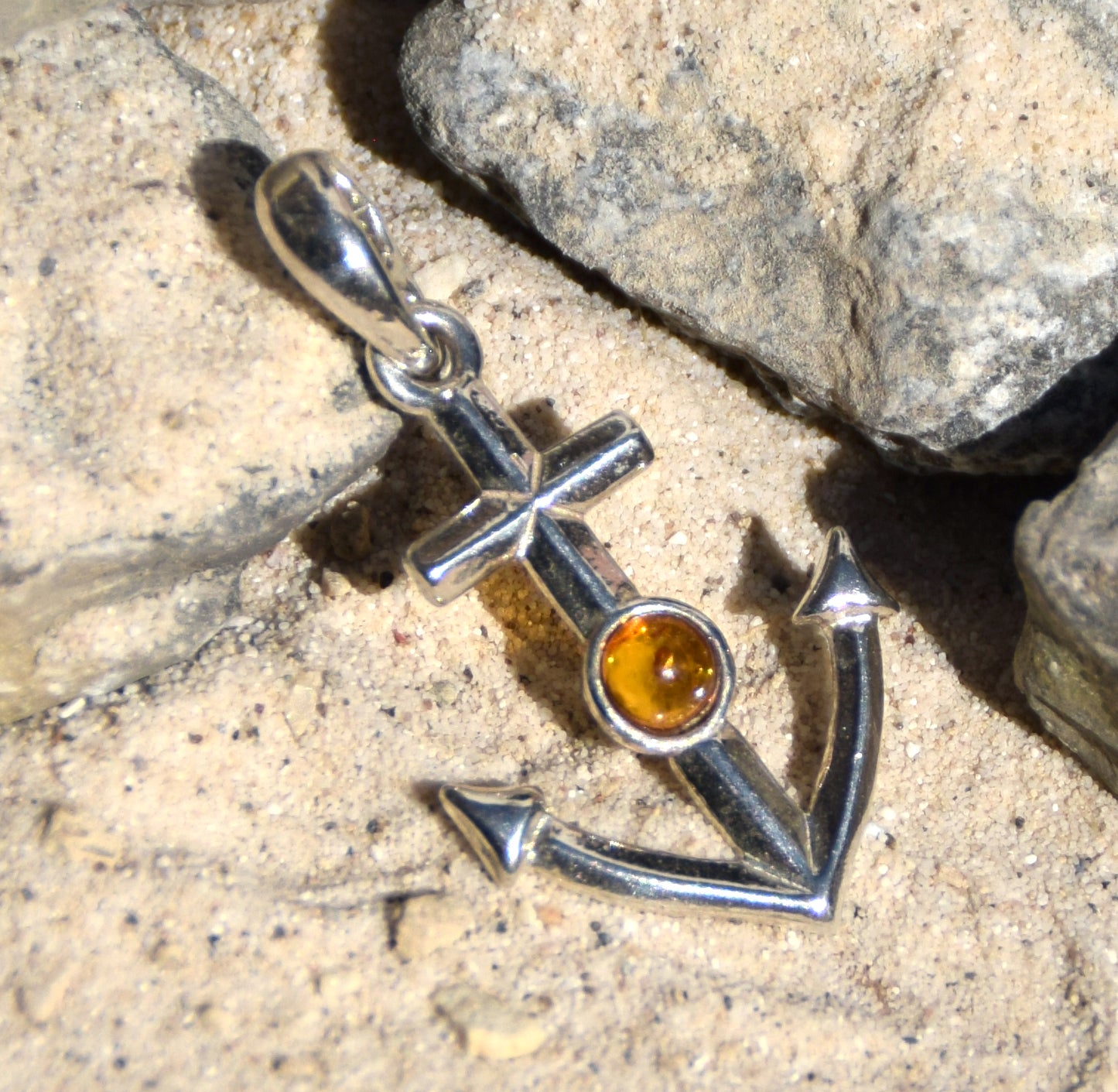 Maritime pendant with cognac-colored natural Amber anchor and 925 Sterling Silver, MJ Baltica, BW163