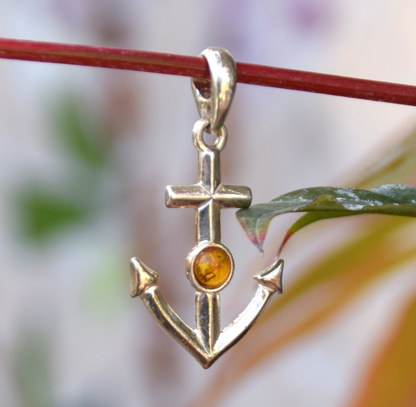 Maritime pendant with cognac-colored natural Amber anchor and 925 Sterling Silver, MJ Baltica, BW163