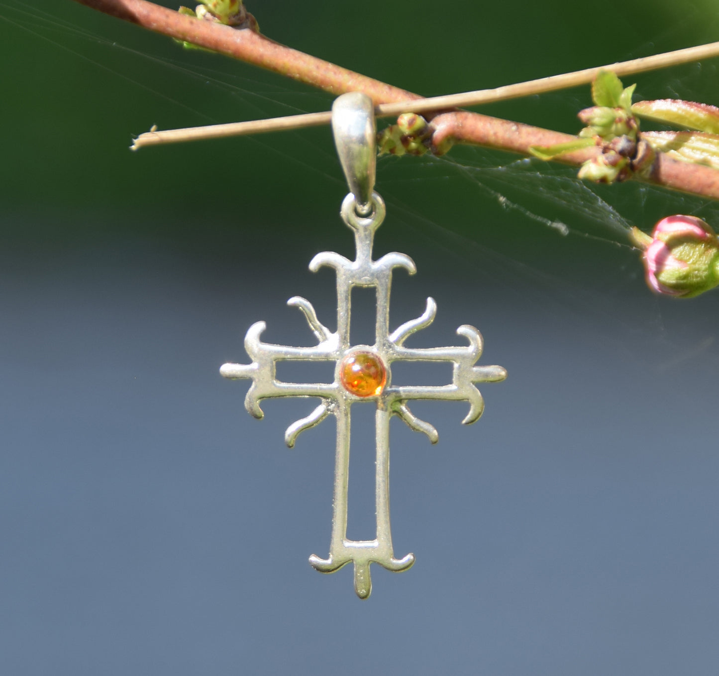 MJ Baltica, ciondolo, Ambra naturale Baltica, Argento 925, croce, artigianale, delicato, BW165