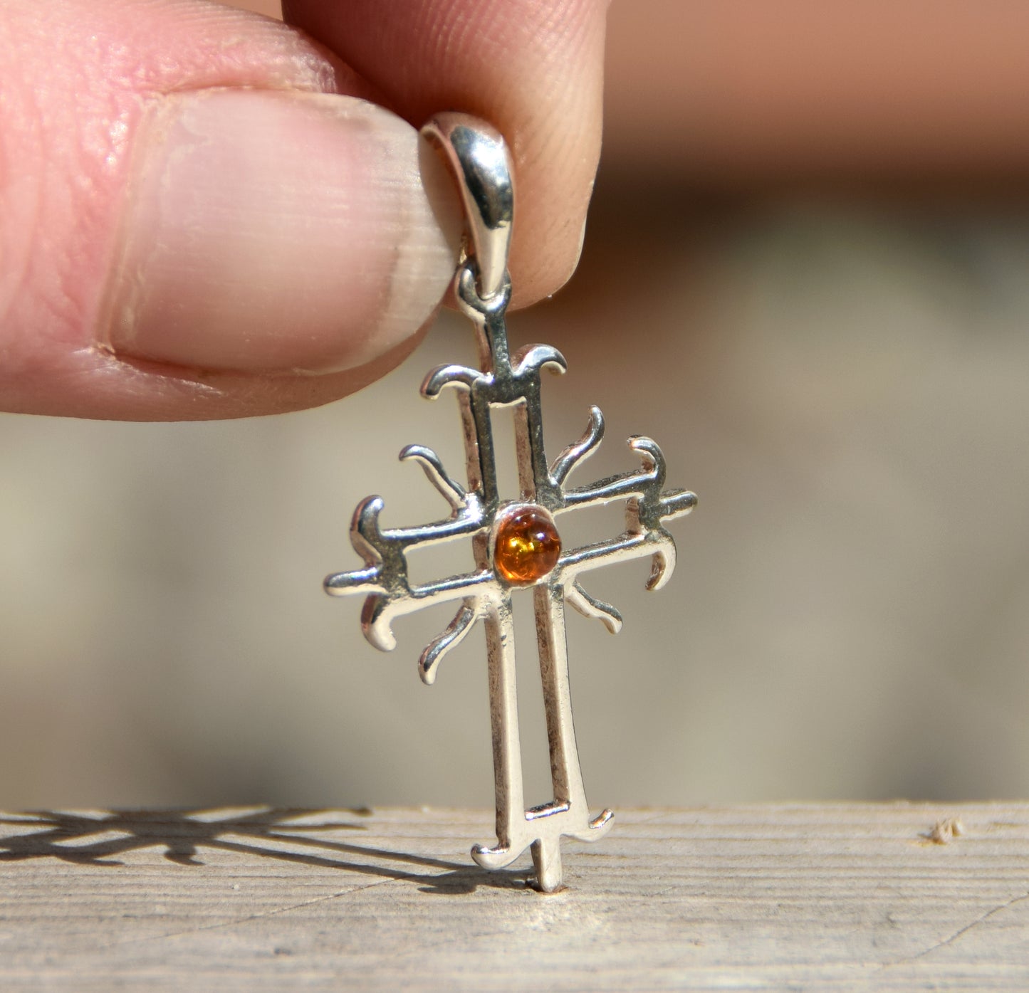 Cognac Natural Amber and 925 Silver Roman Cross Pendant, MJ Baltica, BW165