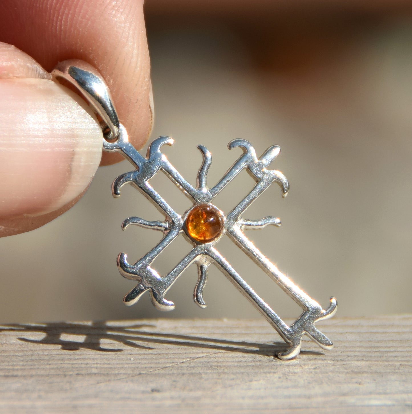 Cognac Natural Amber and 925 Silver Roman Cross Pendant, MJ Baltica, BW165