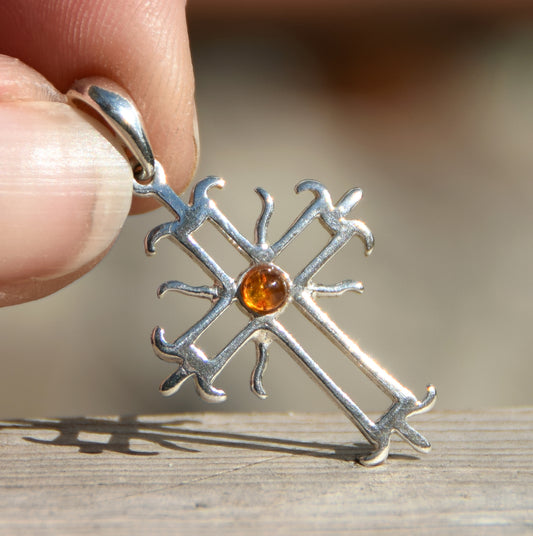 Cognac Natural Amber and 925 Silver Roman Cross Pendant, MJ Baltica, BW165