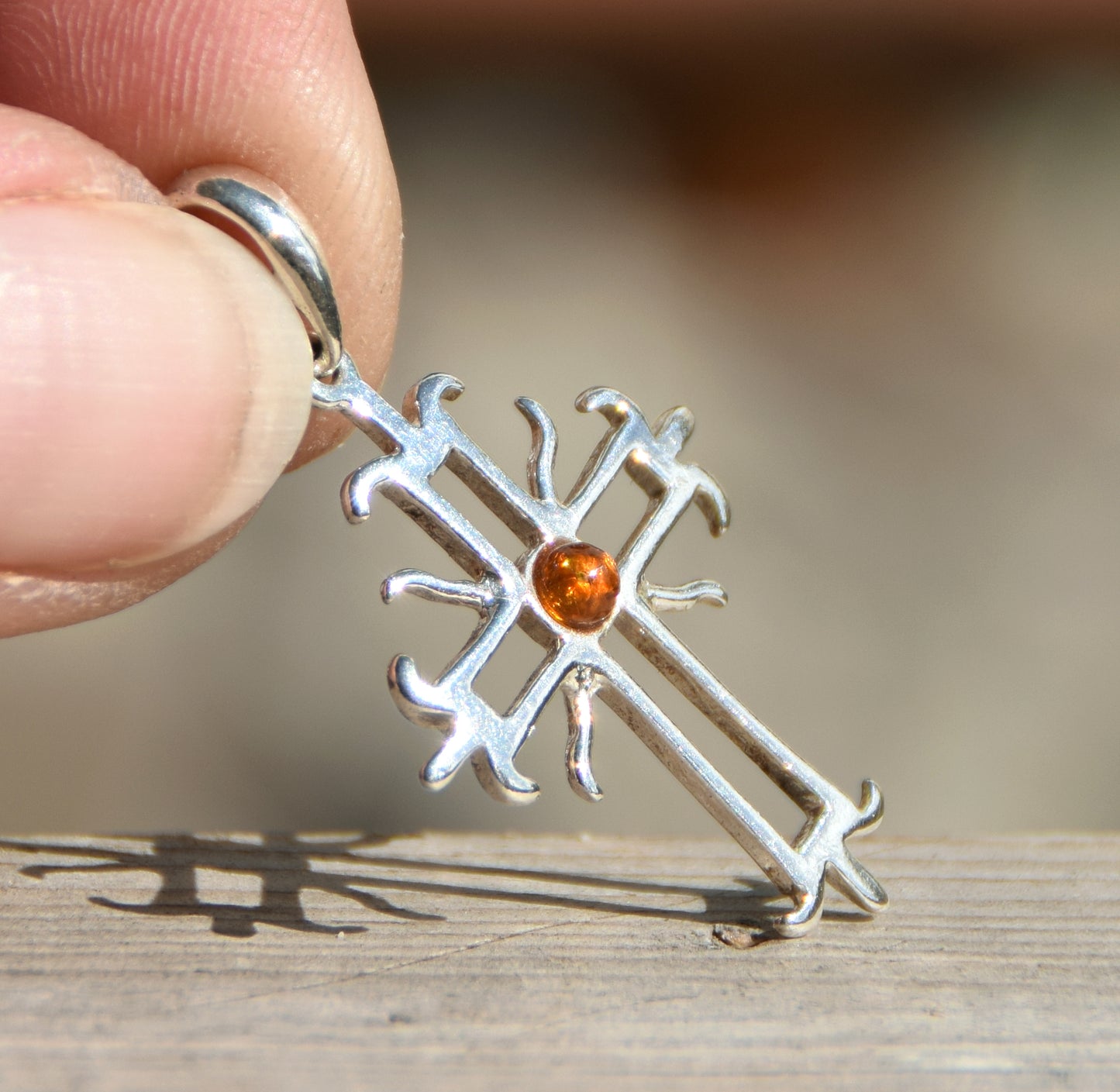 Cognac Natural Amber and 925 Silver Roman Cross Pendant, MJ Baltica, BW165