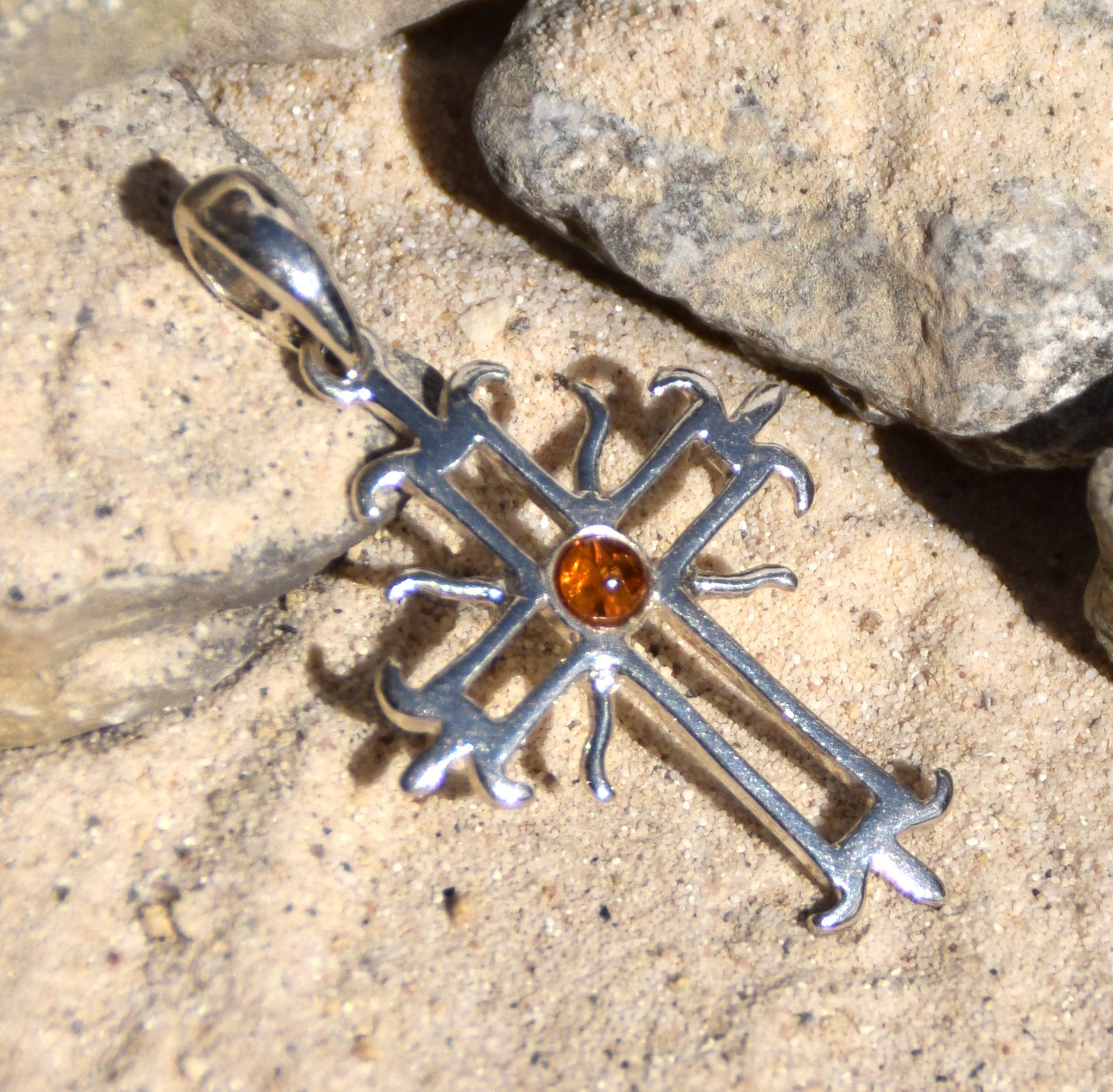 Cognac Natural Amber and 925 Silver Roman Cross Pendant, MJ Baltica, BW165