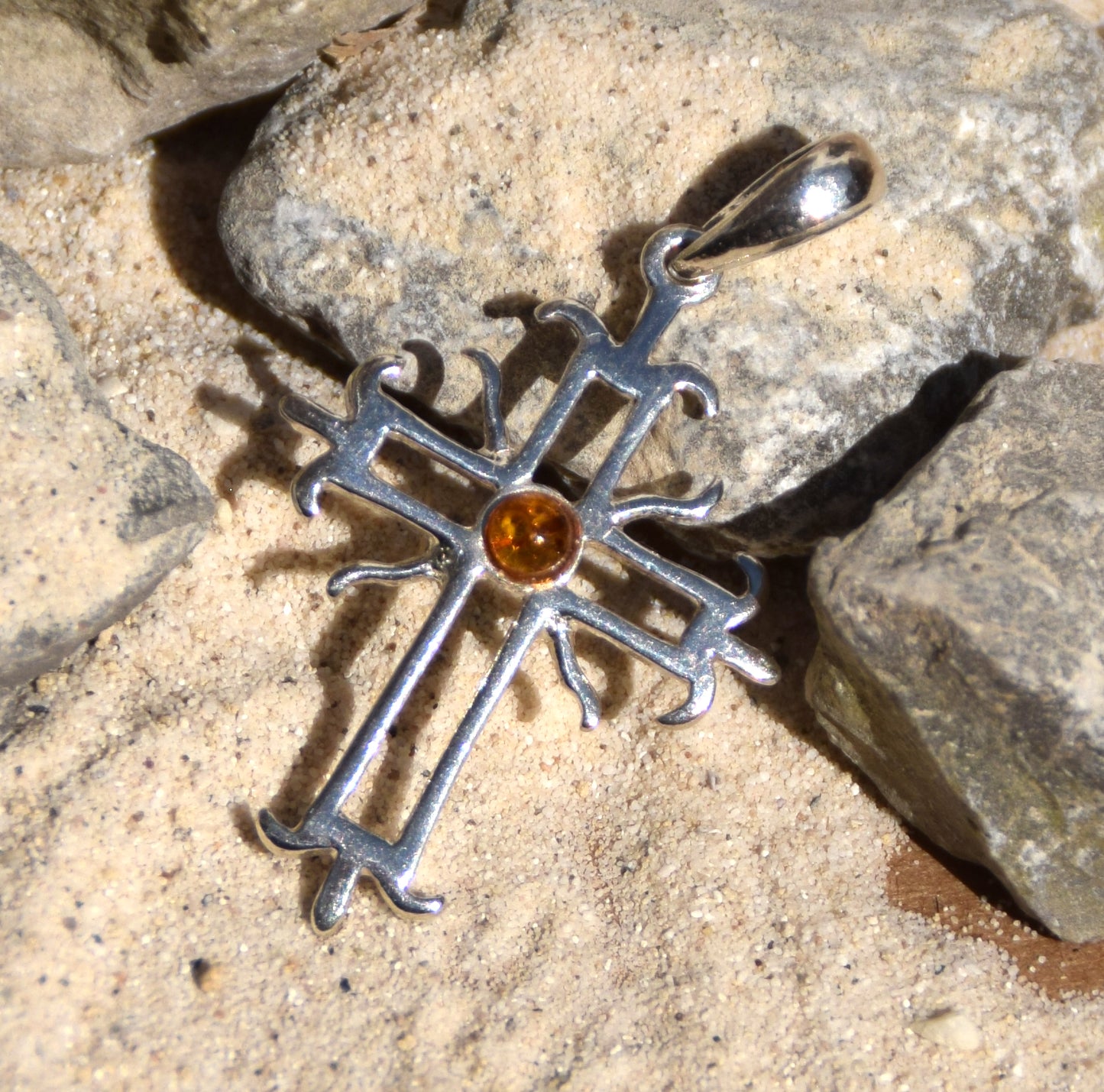 Cognac Natural Amber and 925 Silver Roman Cross Pendant, MJ Baltica, BW165