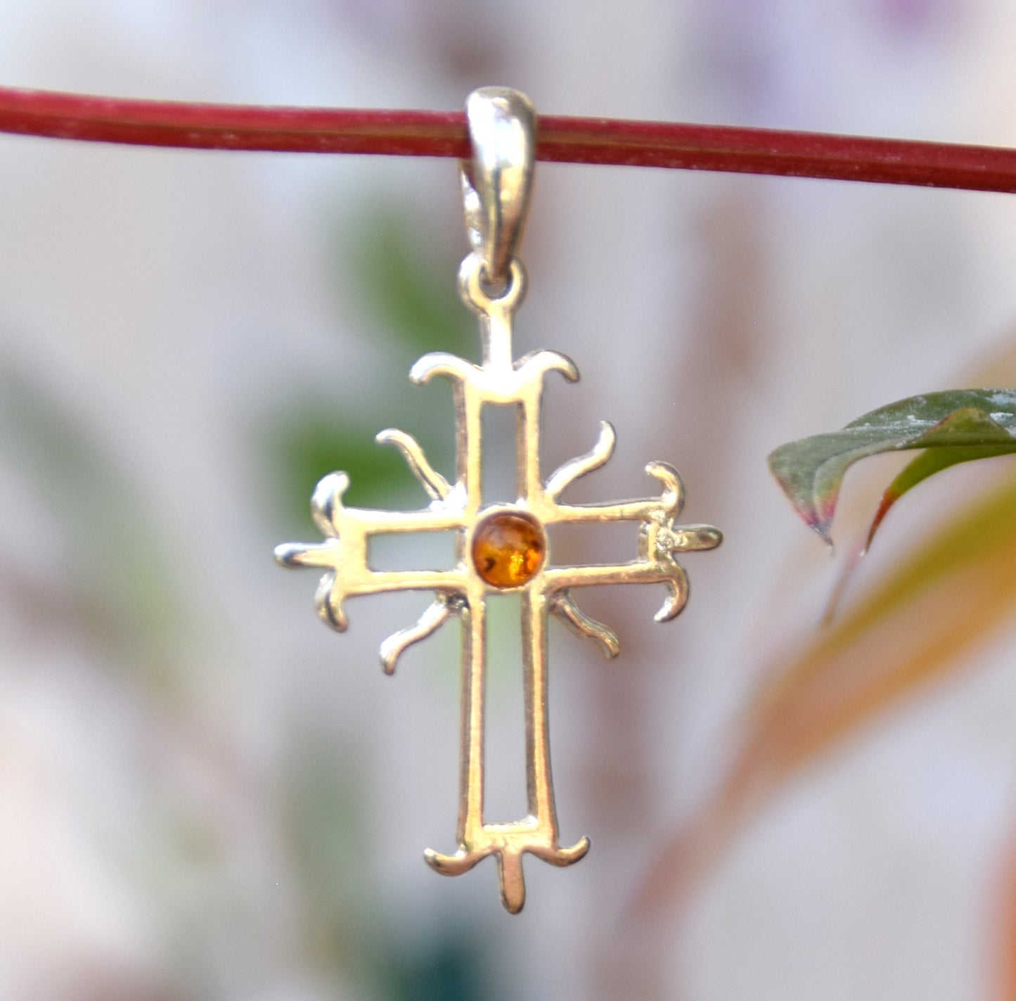 Cognac Natural Amber and 925 Silver Roman Cross Pendant, MJ Baltica, BW165