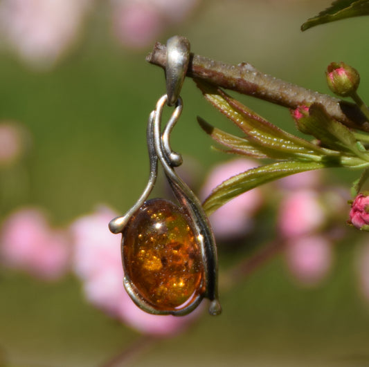 MJ Baltica, ciondolo, Ambra naturale Baltica, Argento 925, ovale, foglia, artigianale, vintage, BW170