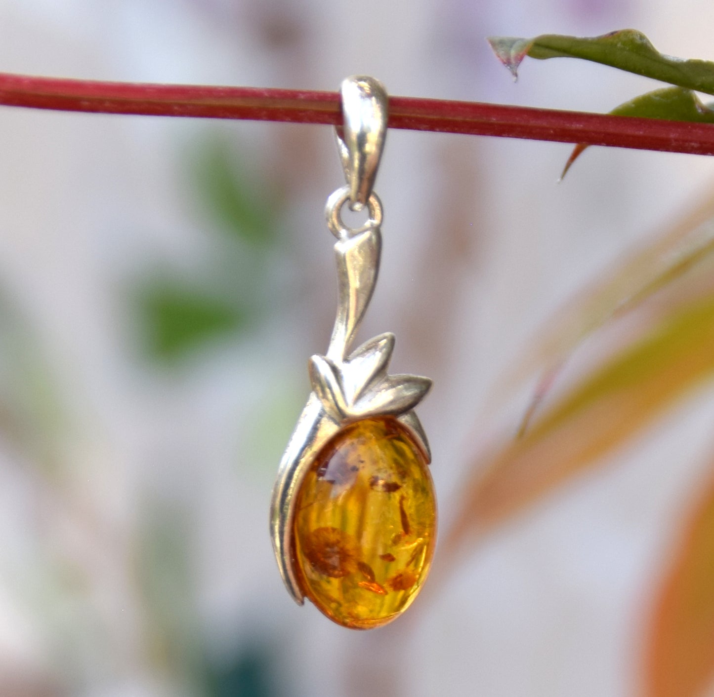 Cognac-colored natural Amber and 925 Sterling Silver Pendant, MJ Baltica, BW171