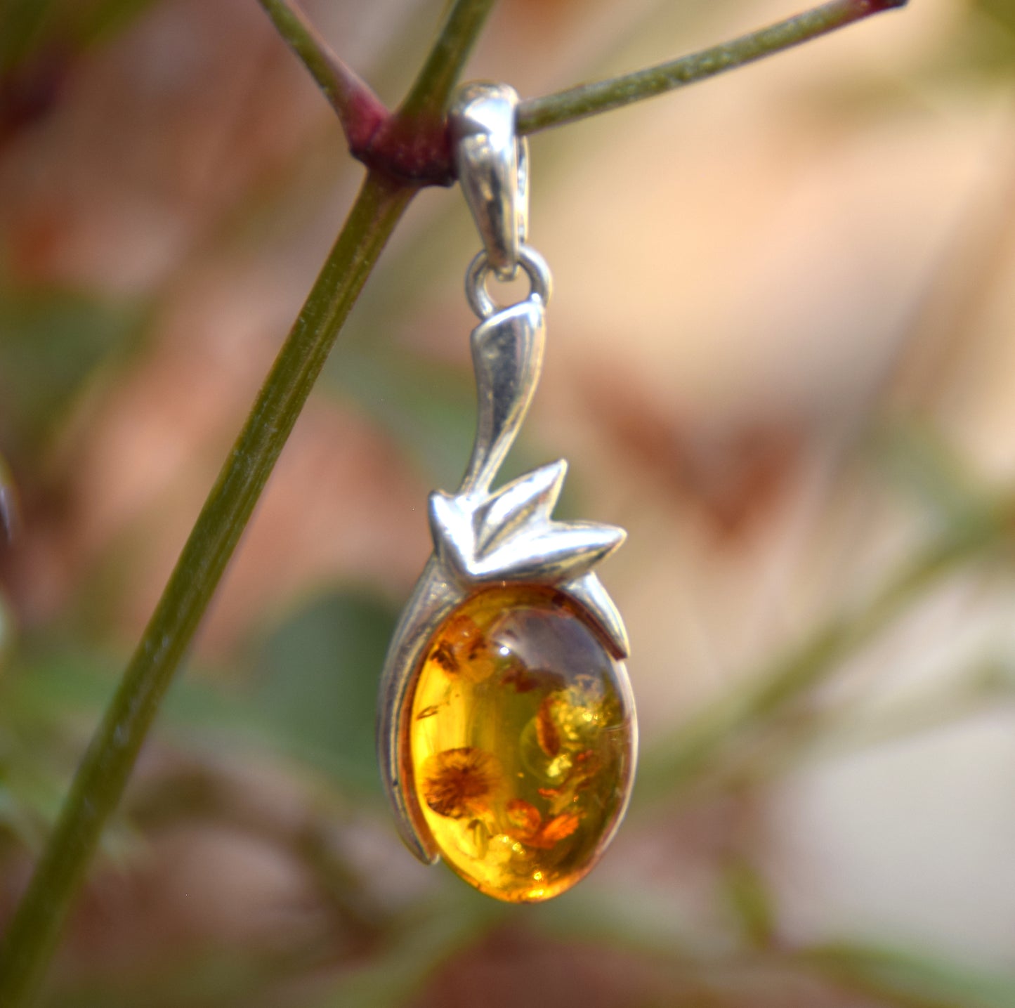 Cognac-colored natural Amber and 925 Sterling Silver Pendant, MJ Baltica, BW171