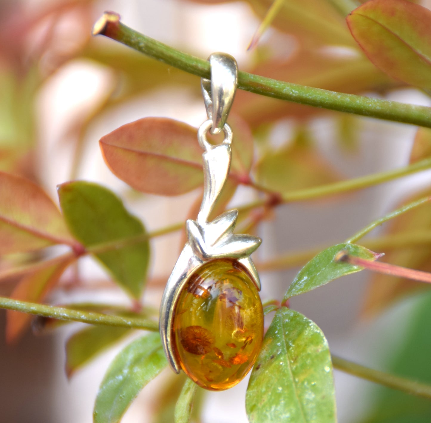 Cognac-colored natural Amber and 925 Sterling Silver Pendant, MJ Baltica, BW171