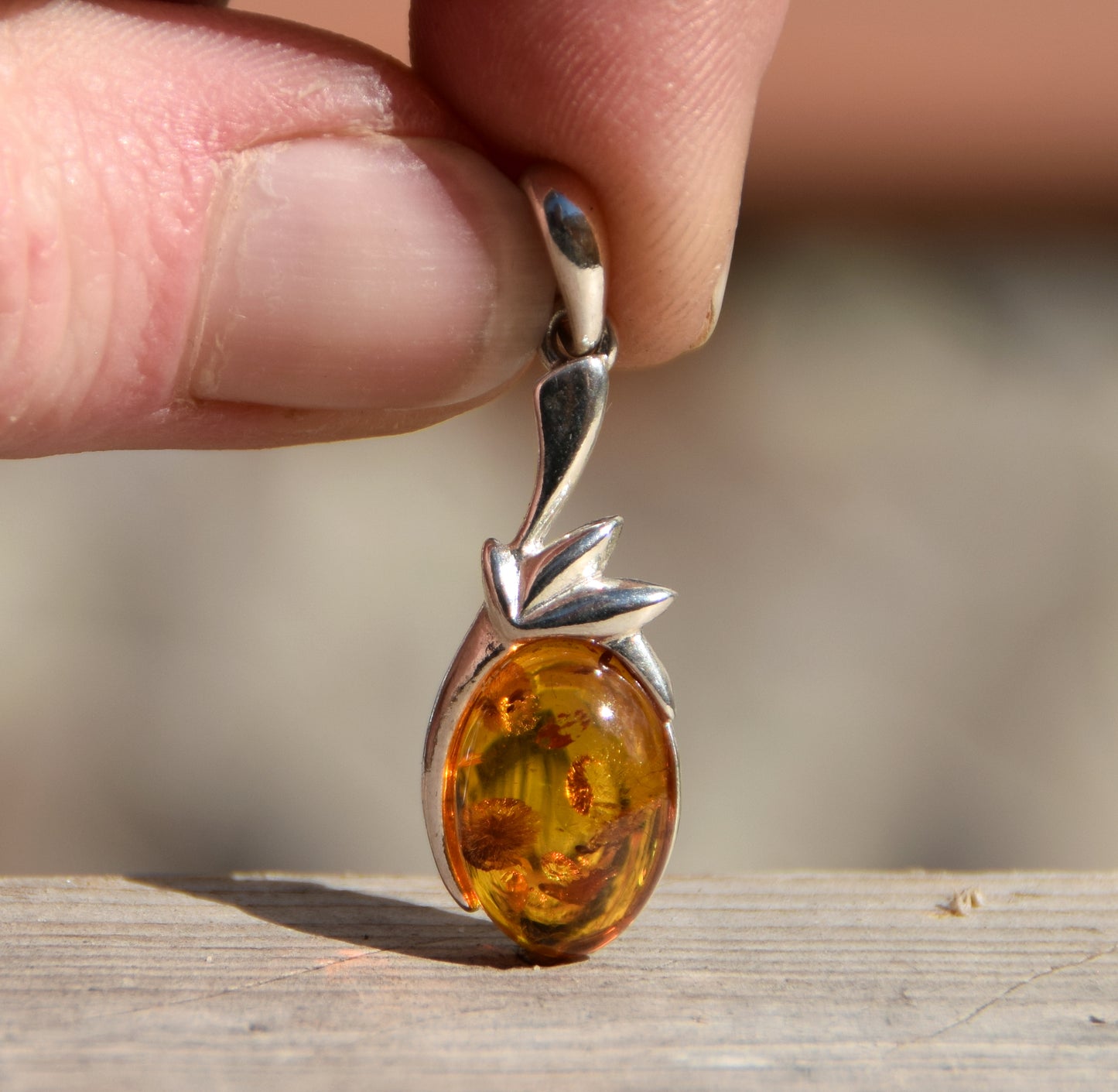Cognac-colored natural Amber and 925 Sterling Silver Pendant, MJ Baltica, BW171