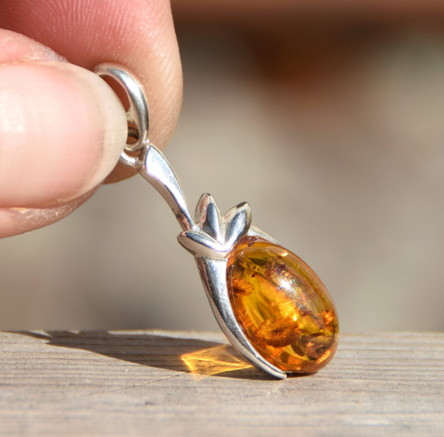 Cognac-colored natural Amber and 925 Sterling Silver Pendant, MJ Baltica, BW171