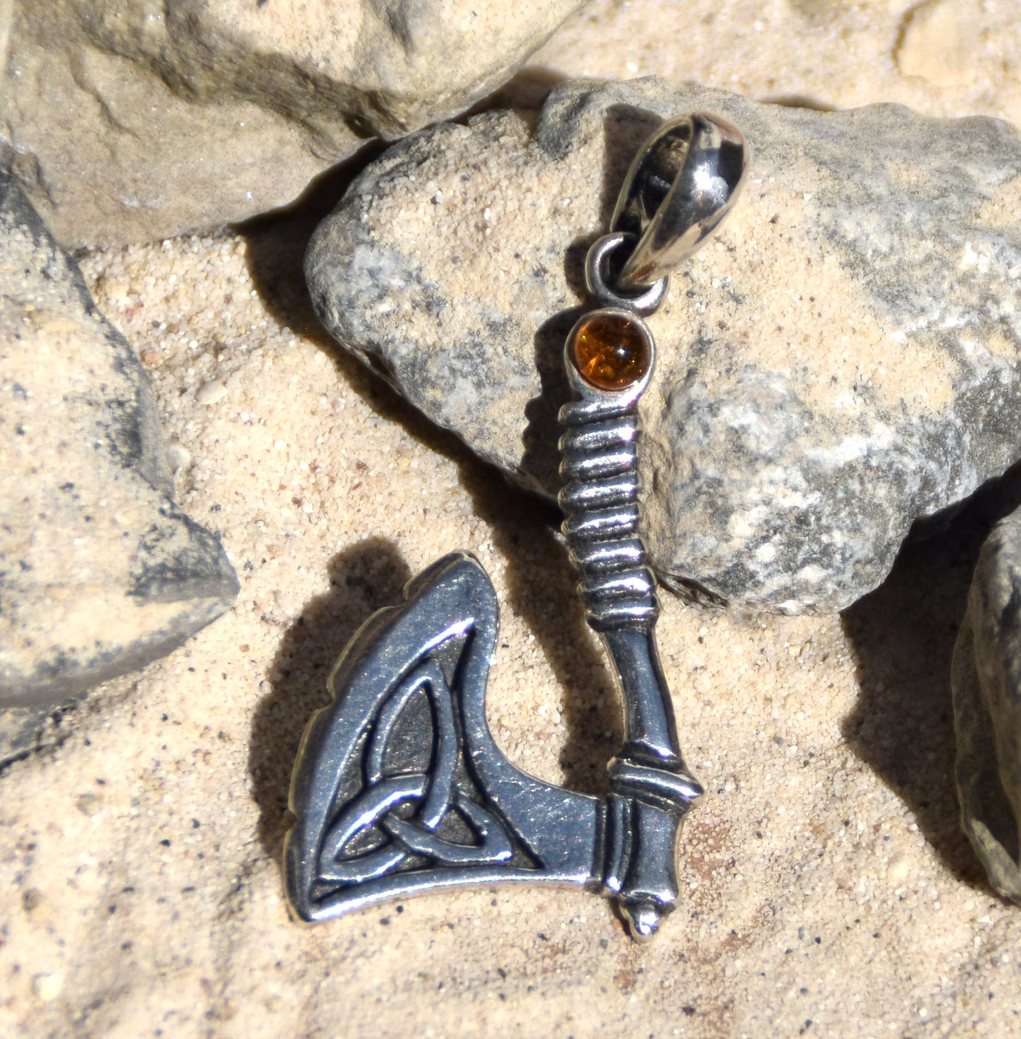 Strong Celtic Axe pendant with triskele in cognac-colored natural Amber and 925 Sterling Silver, MJ Baltica, BW172