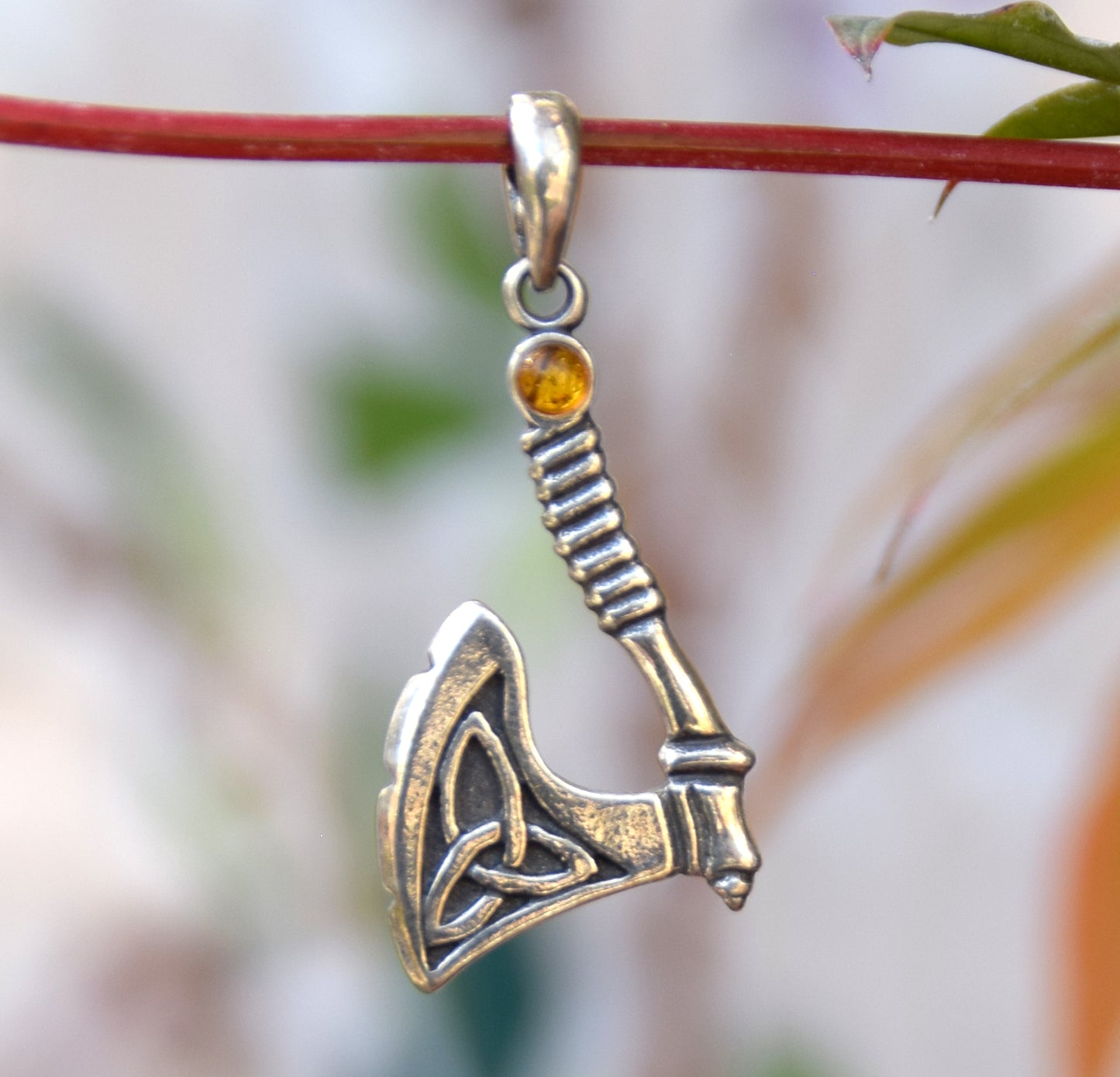 Strong Celtic Axe pendant with triskele in cognac-colored natural Amber and 925 Sterling Silver, MJ Baltica, BW172