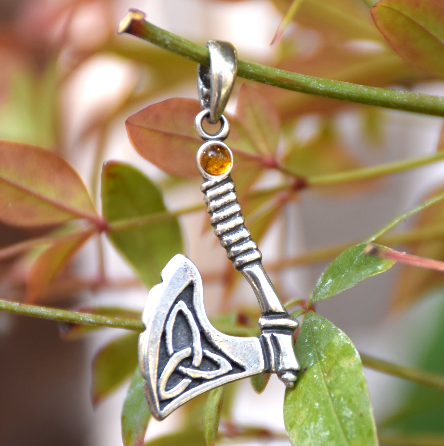 Strong Celtic Axe pendant with triskele in cognac-colored natural Amber and 925 Sterling Silver, MJ Baltica, BW172