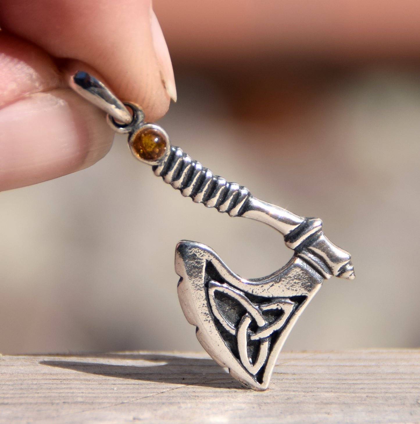 Strong Celtic Axe pendant with triskele in cognac-colored natural Amber and 925 Sterling Silver, MJ Baltica, BW172