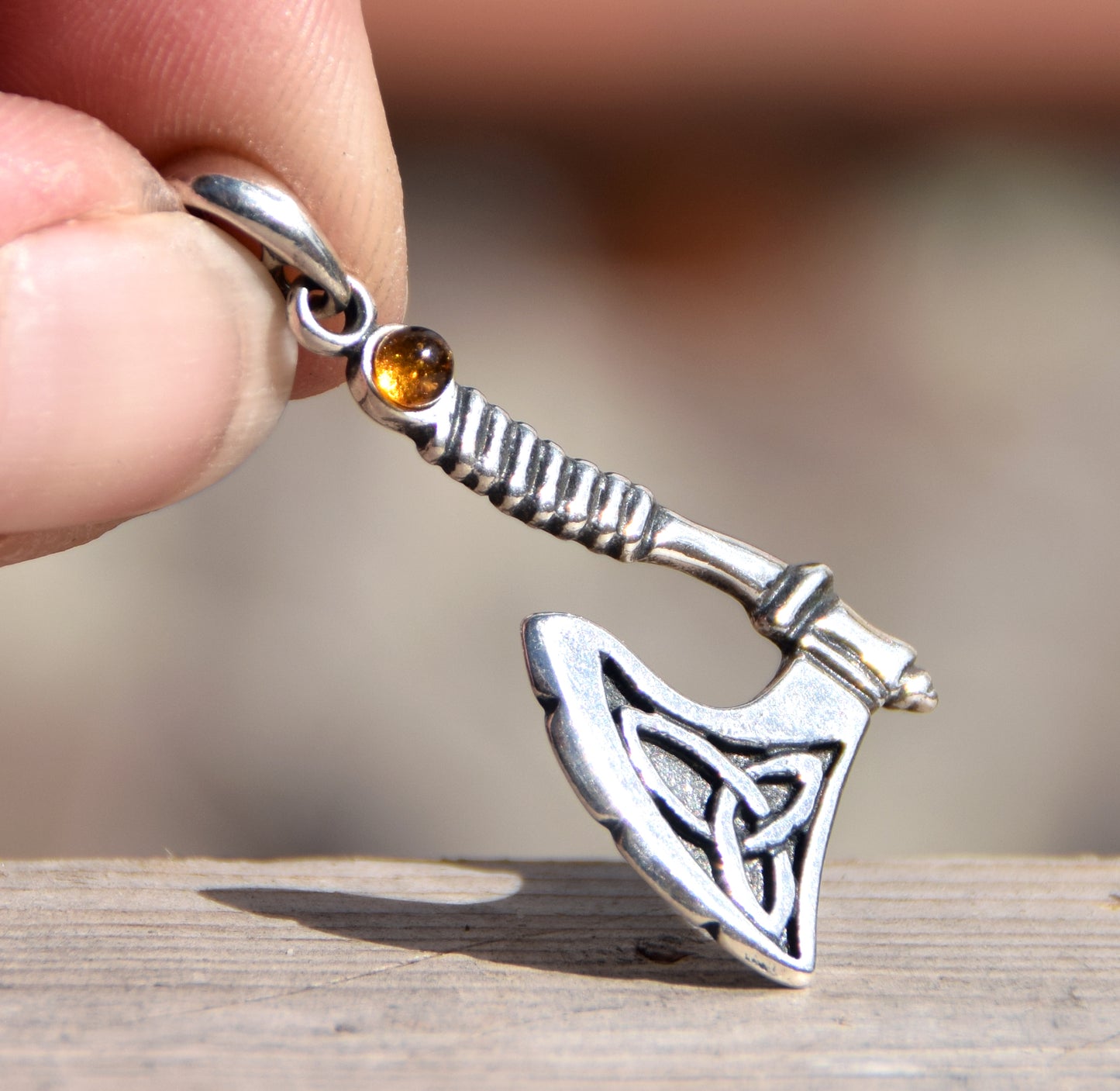 Strong Celtic Axe pendant with triskele in cognac-colored natural Amber and 925 Sterling Silver, MJ Baltica, BW172