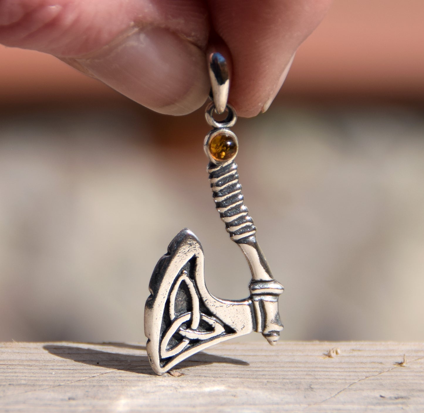 Strong Celtic Axe pendant with triskele in cognac-colored natural Amber and 925 Sterling Silver, MJ Baltica, BW172