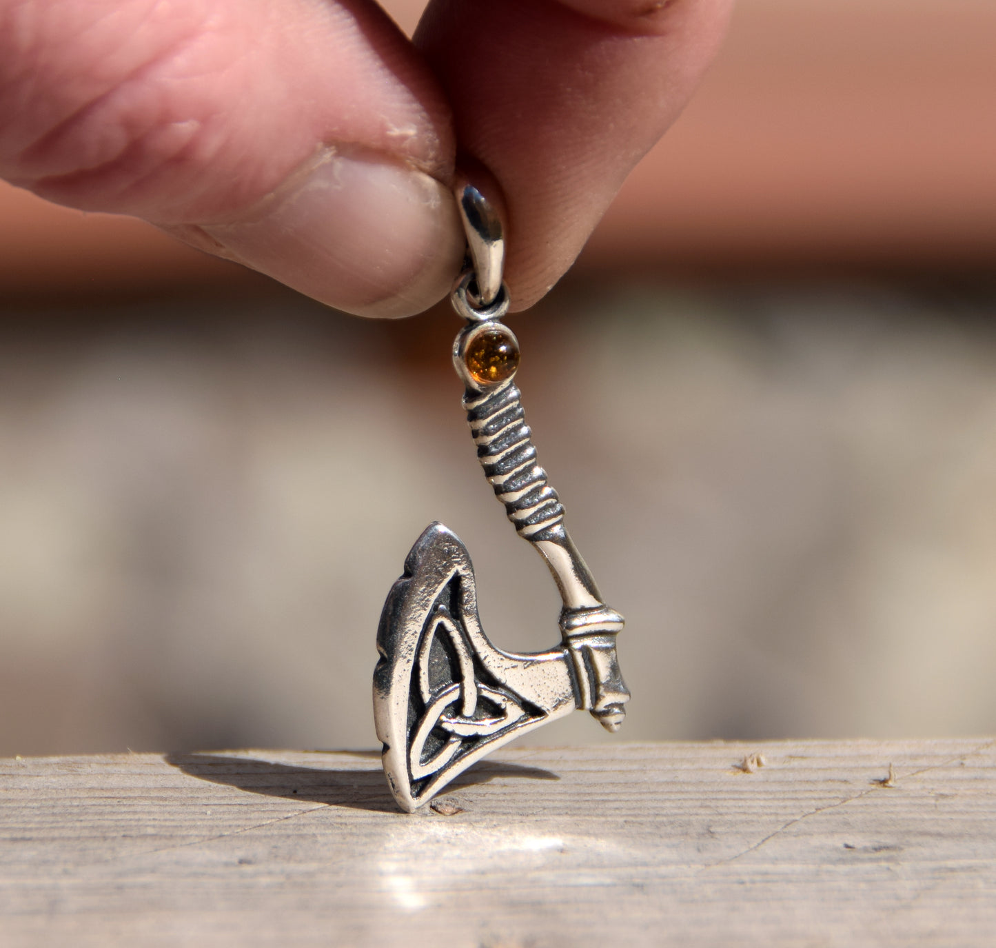 Strong Celtic Axe pendant with triskele in cognac-colored natural Amber and 925 Sterling Silver, MJ Baltica, BW172