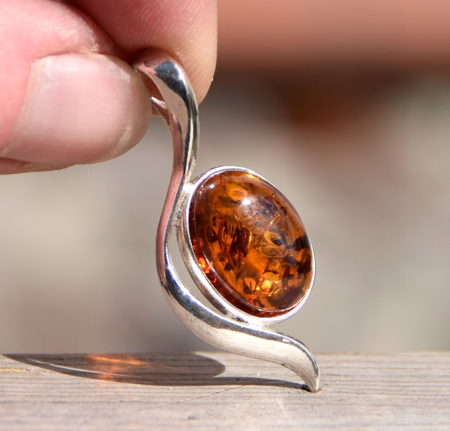 Elegant Cognac Natural Amber and 925 Sterling Silver Pendant, MJ Baltica, BW173